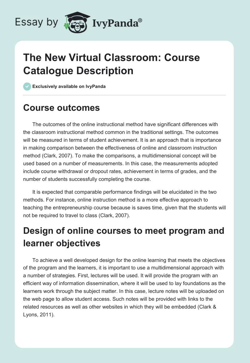 The New Virtual Classroom: Course Catalogue Description. Page 1