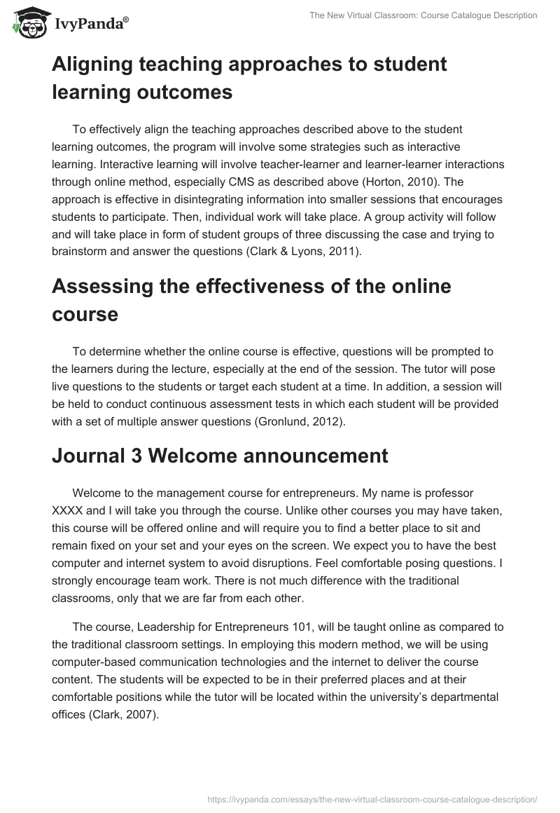 The New Virtual Classroom: Course Catalogue Description. Page 2