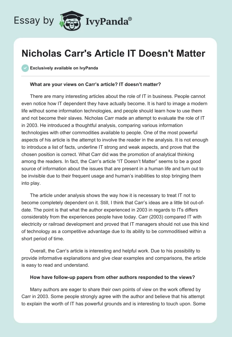 Nicholas Carr's Article "IT Doesn't Matter". Page 1