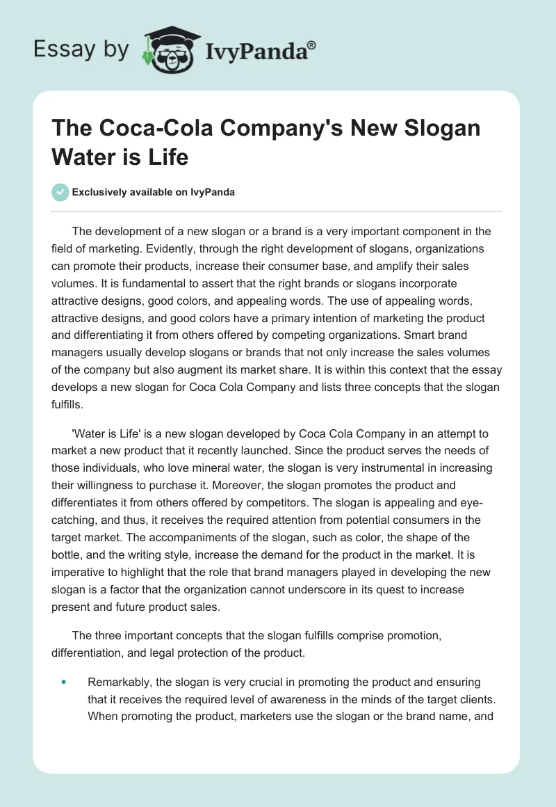 The Coca-Cola Company's New Slogan "Water is Life". Page 1