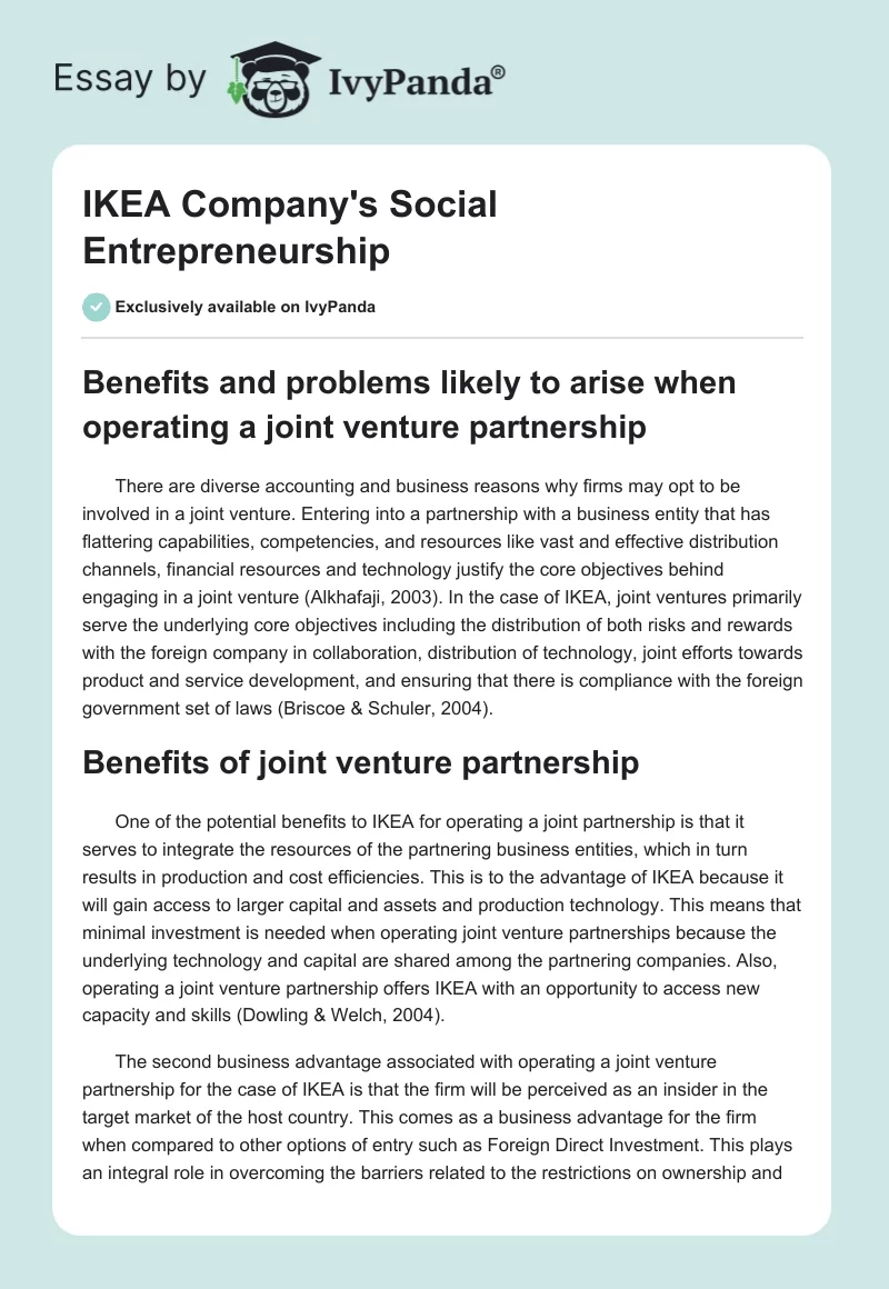 IKEA Company's Social Entrepreneurship. Page 1