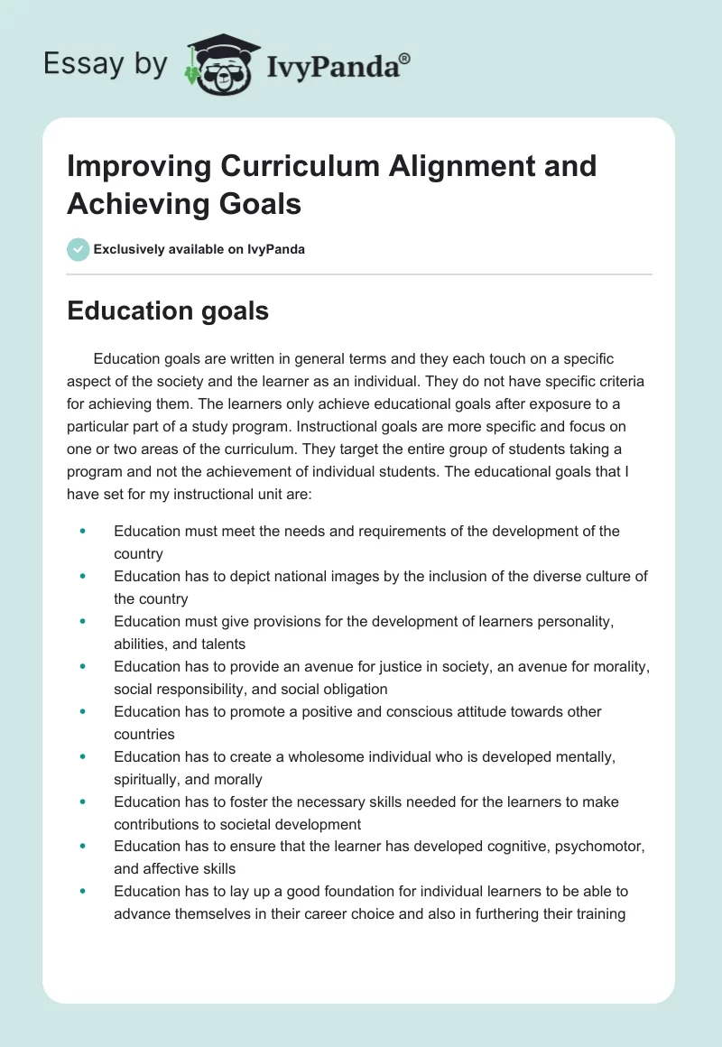 Improving Curriculum Alignment and Achieving Goals. Page 1