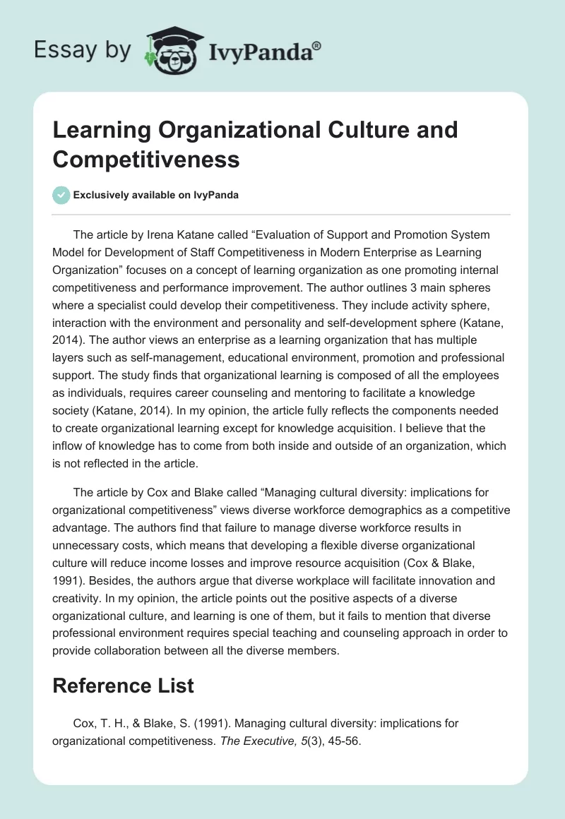 Learning Organizational Culture and Competitiveness. Page 1