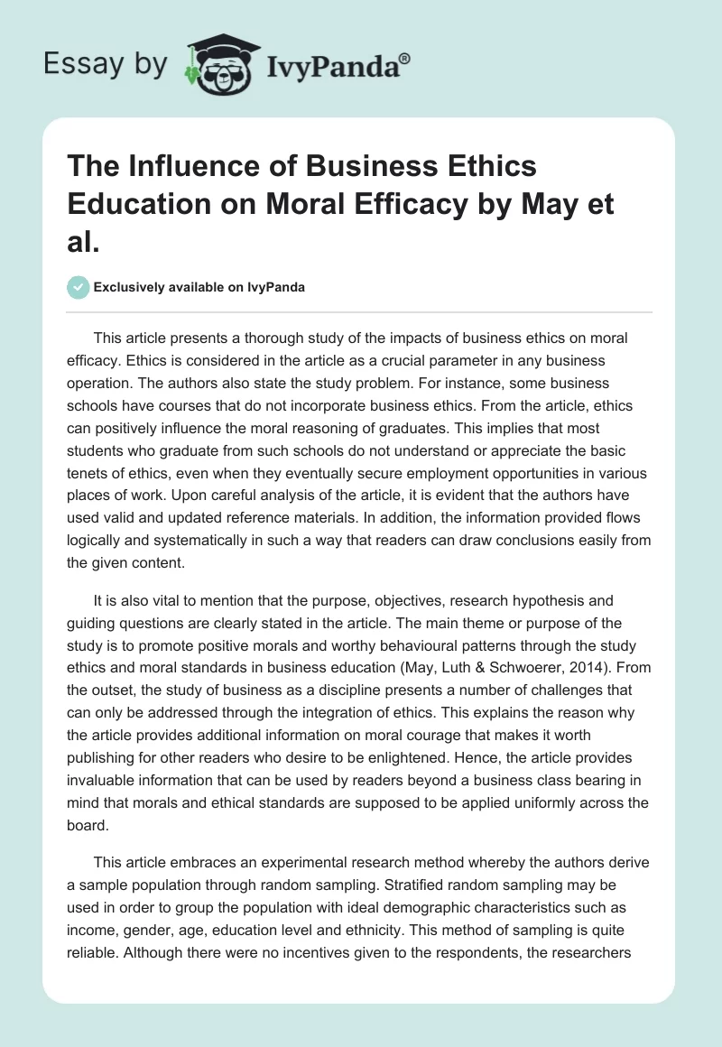 "The Influence of Business Ethics Education on Moral Efficacy" by May et al.. Page 1