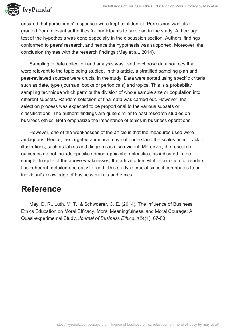 "The Influence of Business Ethics Education on Moral Efficacy" by May et al.. Page 2