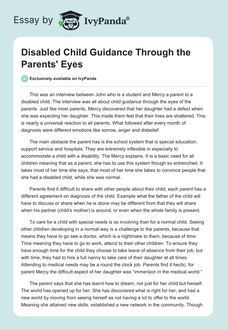 Disabled Child Guidance Through the Parents' Eyes. Page 1