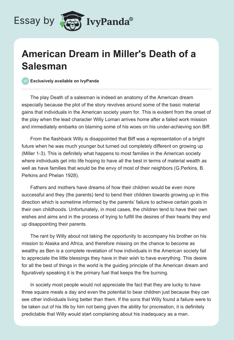 American Dream in Miller's "Death of a Salesman". Page 1
