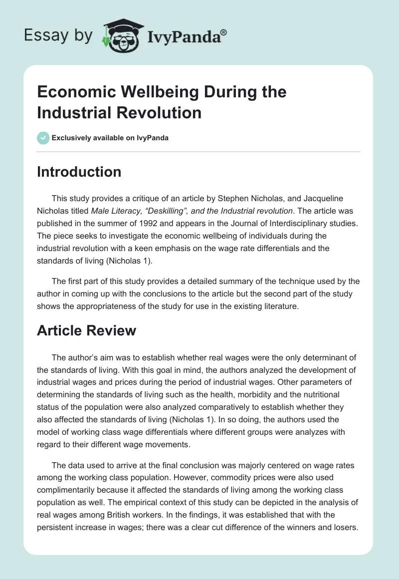 Economic Wellbeing During the Industrial Revolution. Page 1