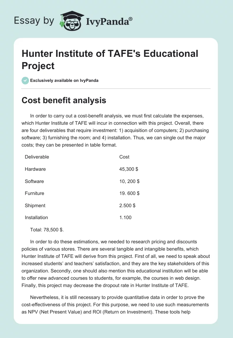 Hunter Institute of TAFE's Educational Project. Page 1