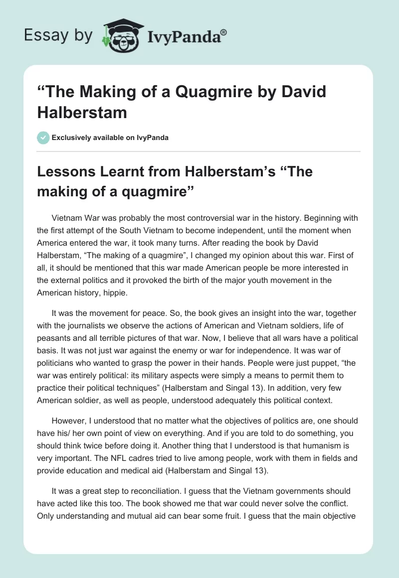 “The Making of a Quagmire" by David Halberstam. Page 1