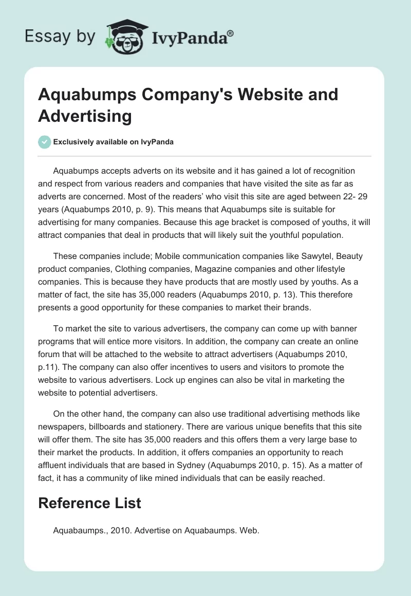 Aquabumps Company's Website and Advertising. Page 1