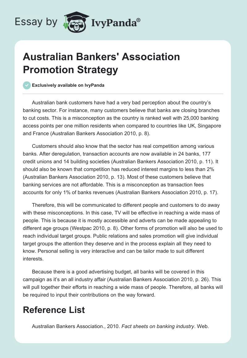 Australian Bankers' Association Promotion Strategy. Page 1