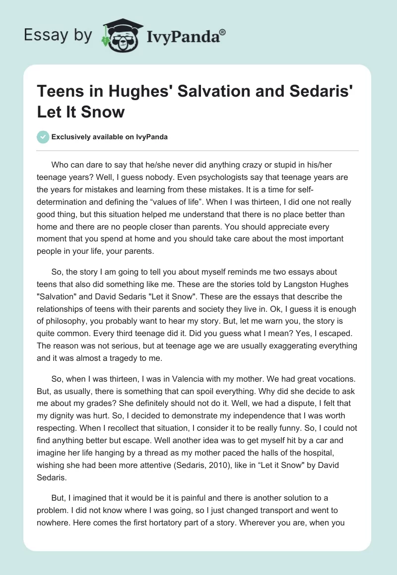 Teens in Hughes' "Salvation" and Sedaris' "Let It Snow". Page 1