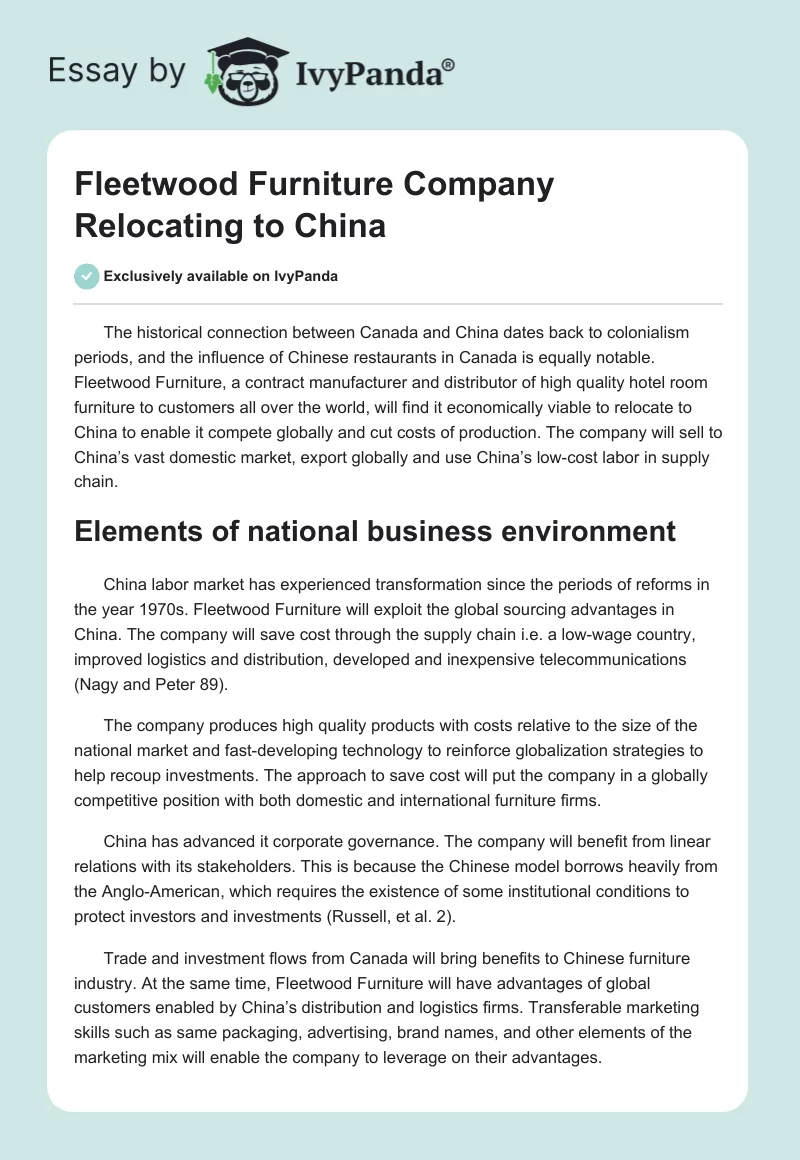 Fleetwood Furniture Company Relocating to China. Page 1
