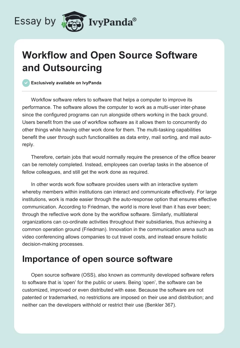 Workflow and Open Source Software and Outsourcing. Page 1