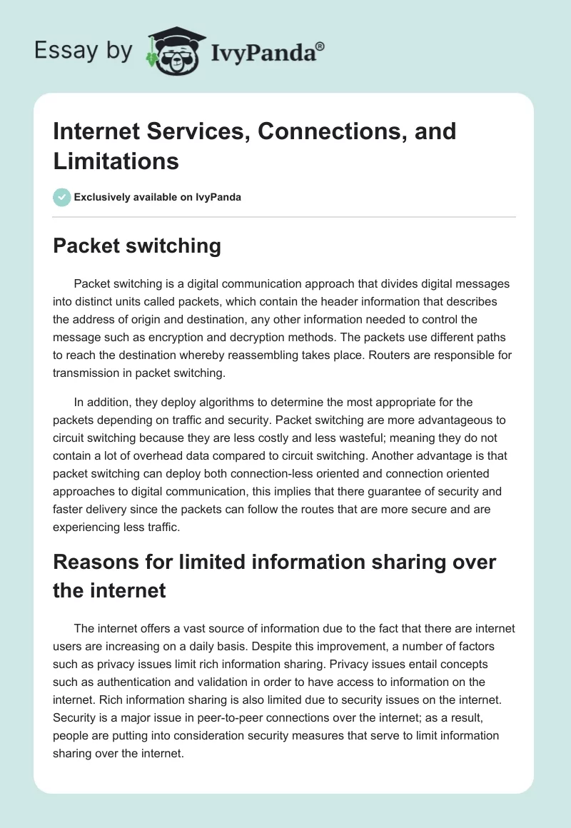 Internet Services, Connections, and Limitations. Page 1