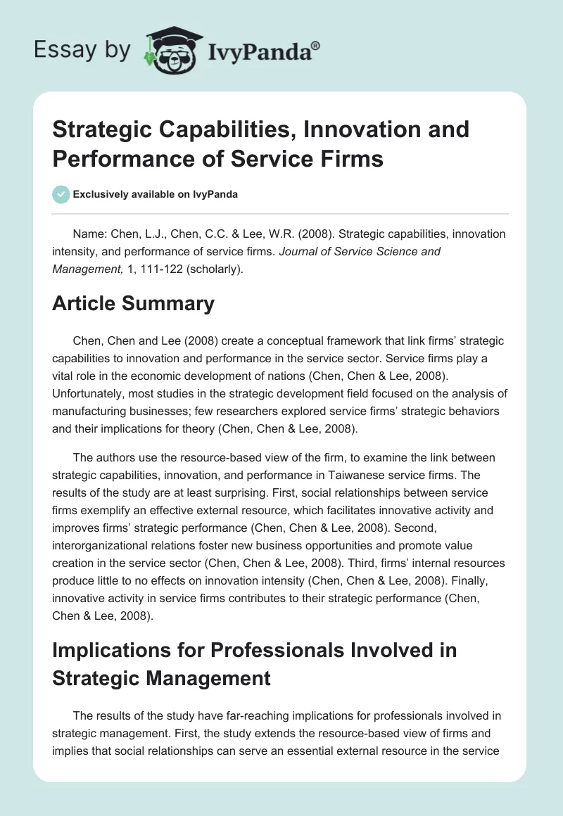Strategic Capabilities, Innovation and Performance of Service Firms. Page 1