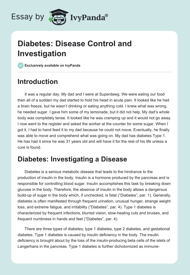 Diabetes: Disease Control and Investigation. Page 1