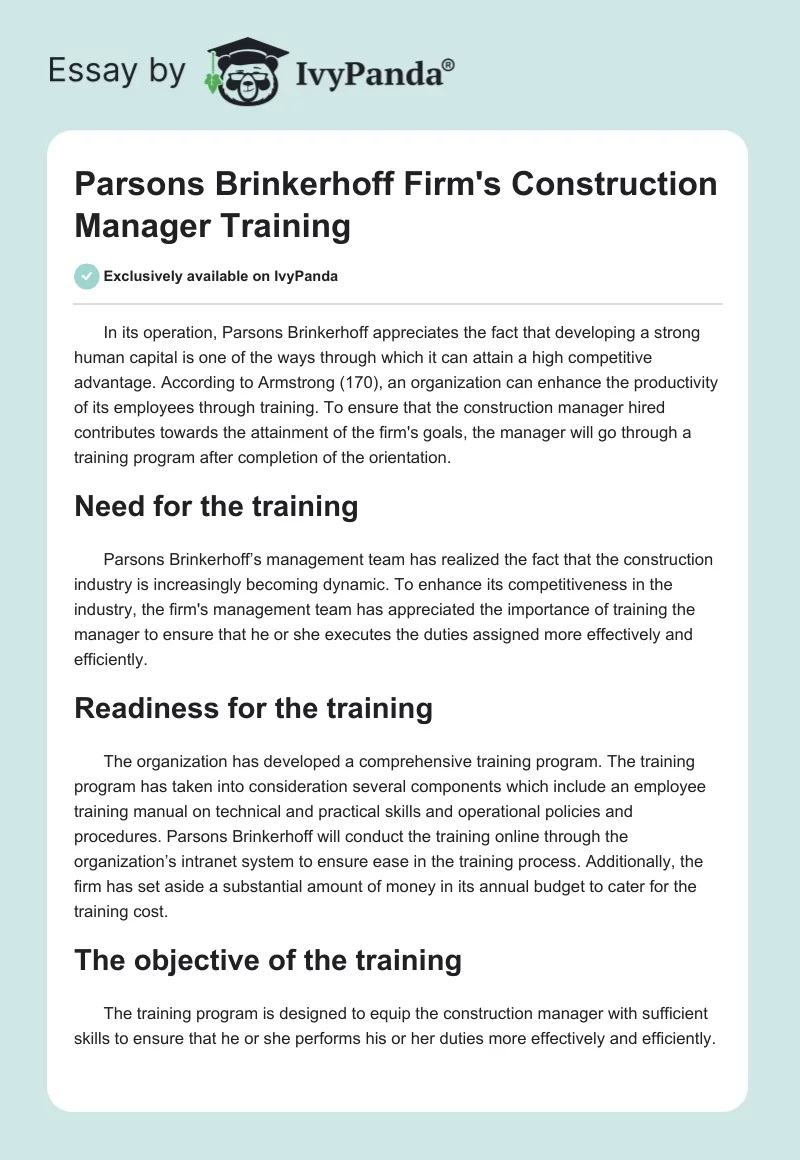 Parsons Brinkerhoff Firm's Construction Manager Training. Page 1