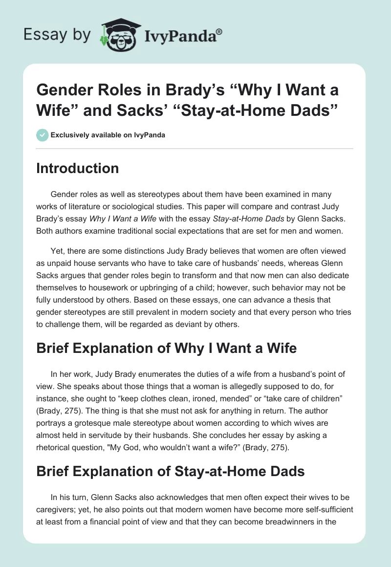 Gender Roles in Brady’s “Why I Want a Wife” and Sacks’ “Stay-at-Home Dads”. Page 1