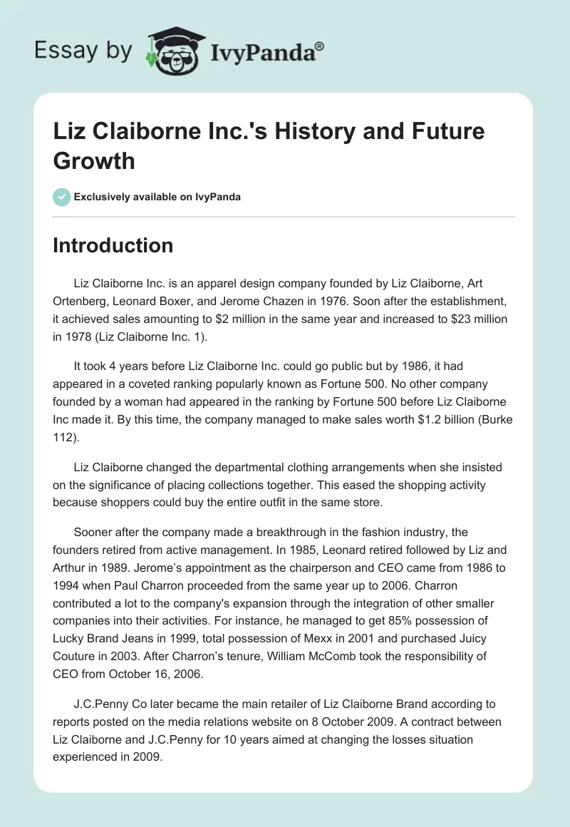 Liz Claiborne Inc.'s History and Future Growth. Page 1