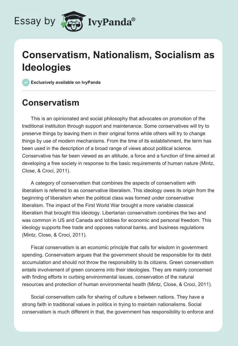 Conservatism, Nationalism, Socialism as Ideologies. Page 1