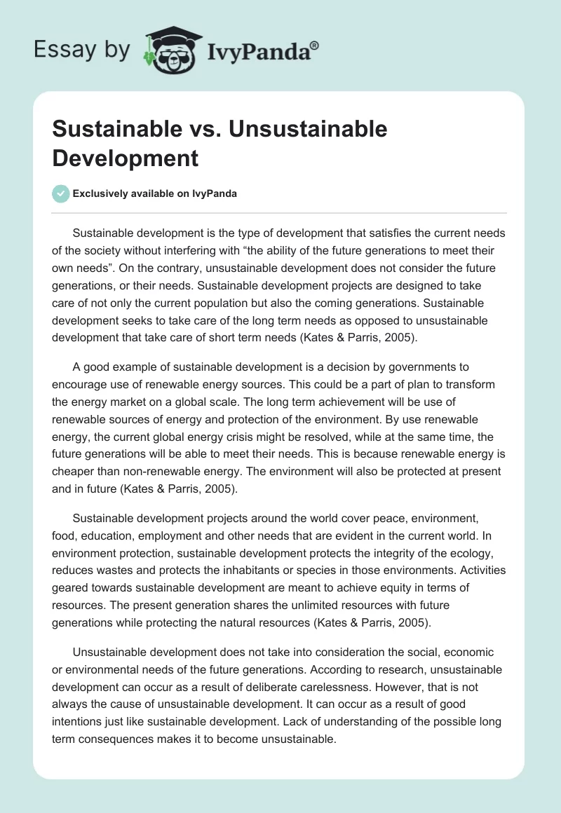 Sustainable vs. Unsustainable Development. Page 1