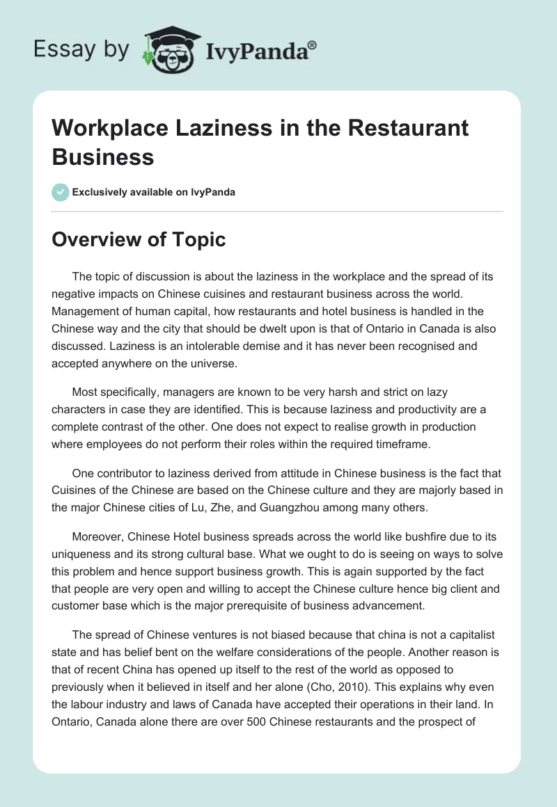 Workplace Laziness in the Restaurant Business. Page 1
