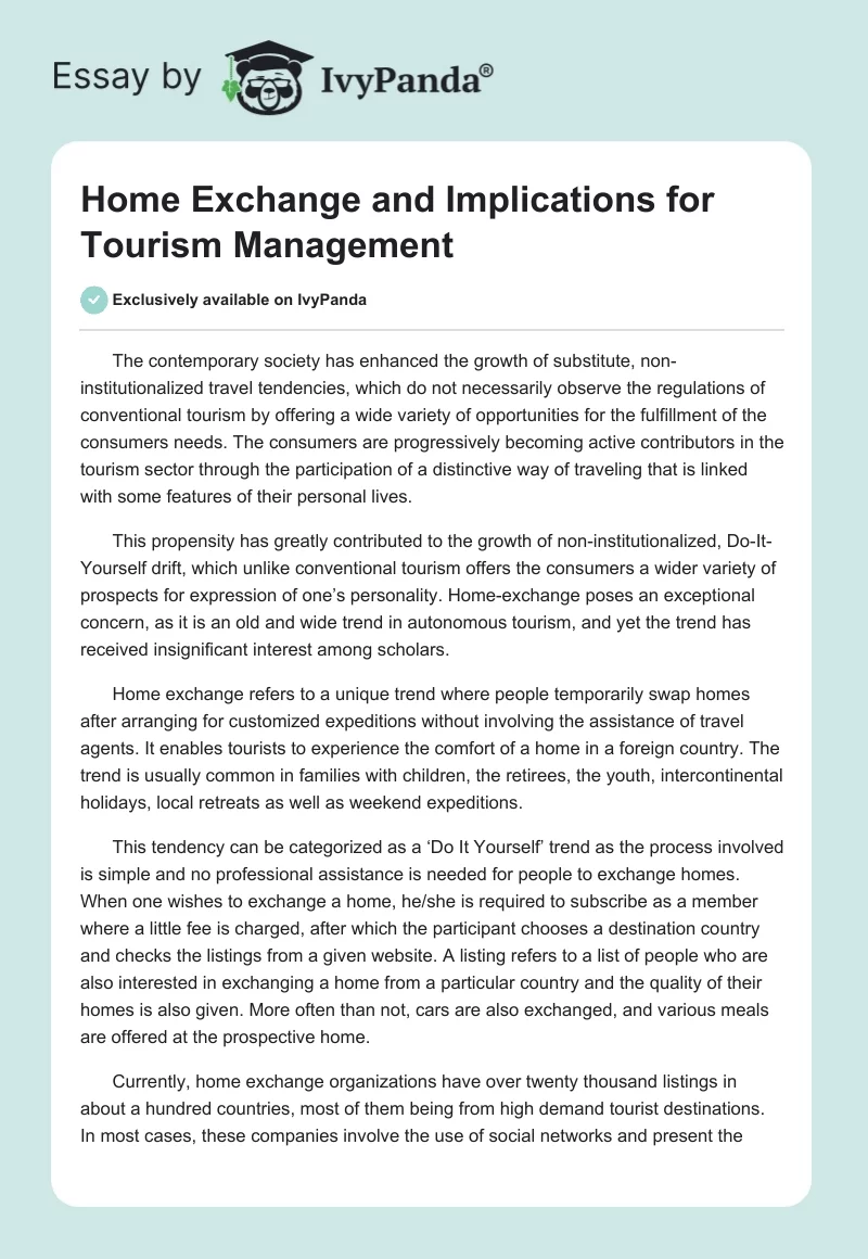 Home Exchange and Implications for Tourism Management. Page 1