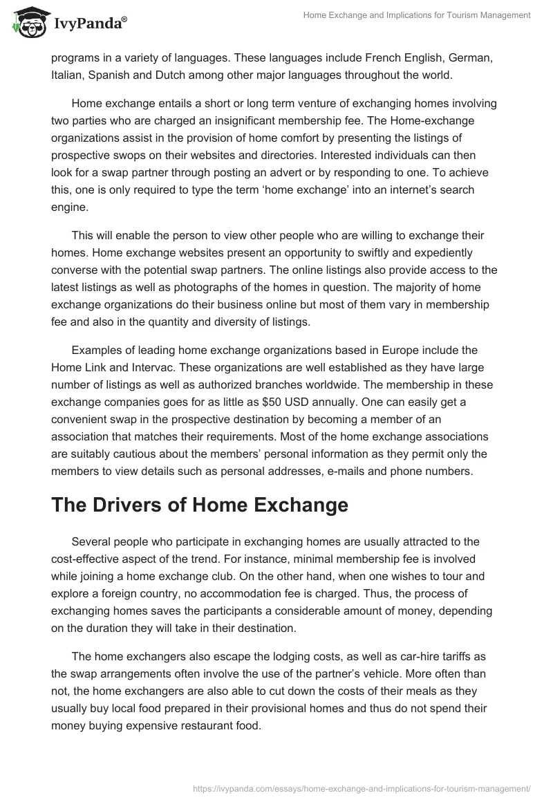 Home Exchange and Implications for Tourism Management. Page 2