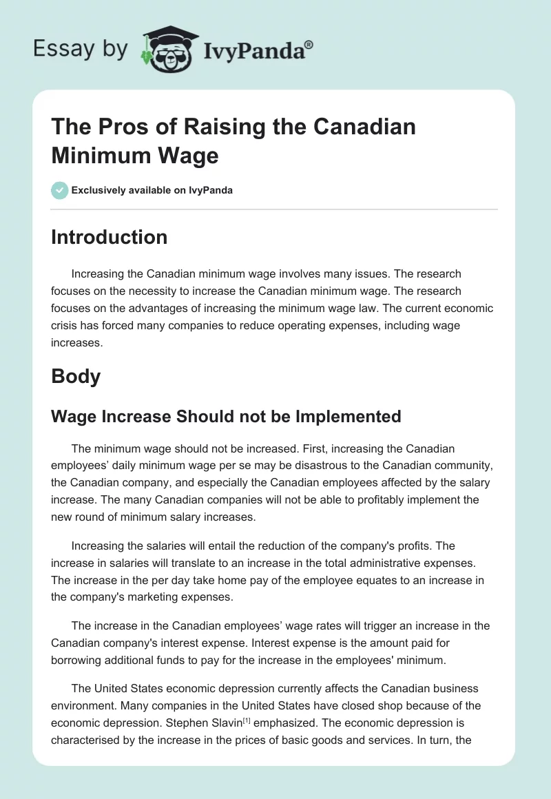 The Pros of Raising the Canadian Minimum Wage. Page 1