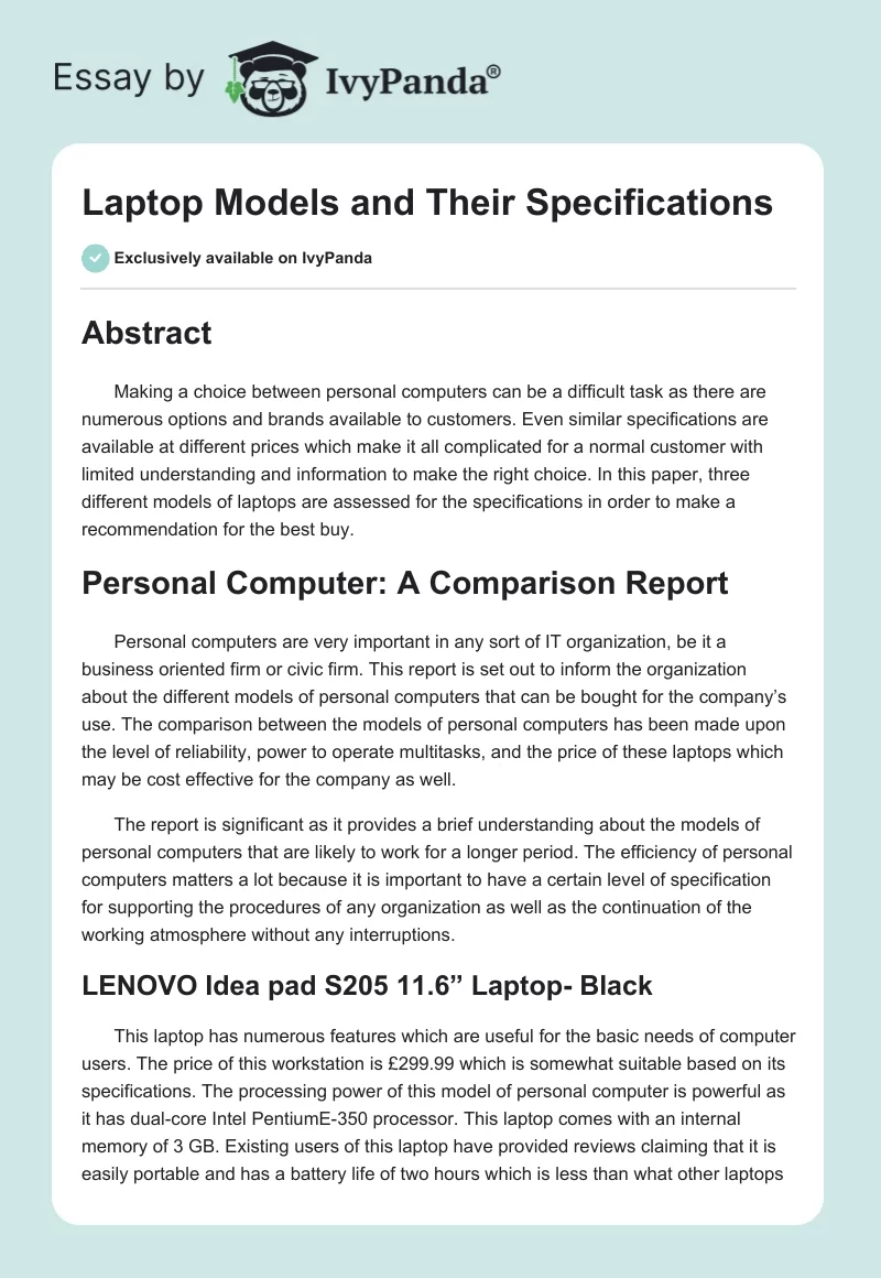 Laptop Models and Their Specifications. Page 1