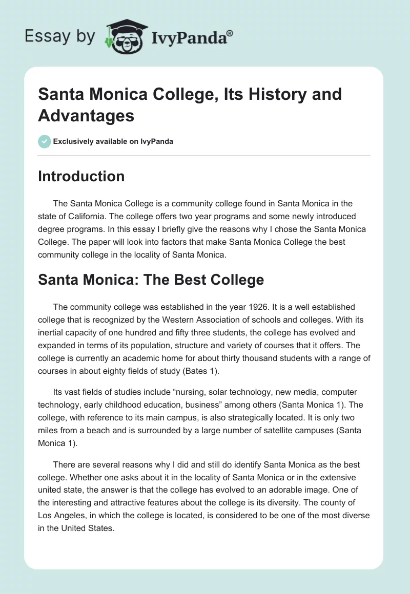 Santa Monica College, Its History and Advantages. Page 1