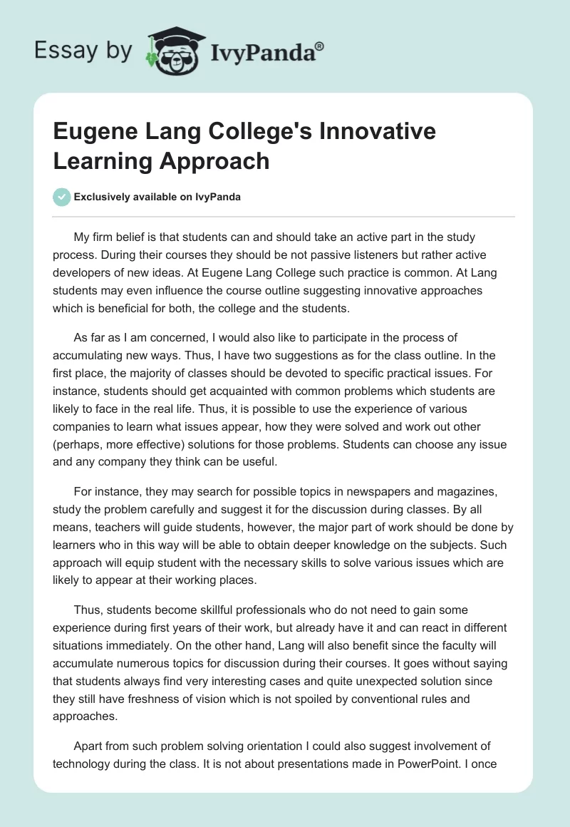 Eugene Lang College's Innovative Learning Approach. Page 1