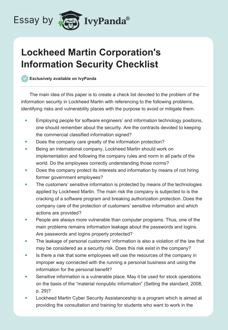 Lockheed Martin Corporation's Information Security Checklist. Page 1