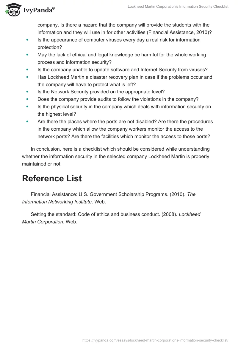 Lockheed Martin Corporation's Information Security Checklist. Page 2