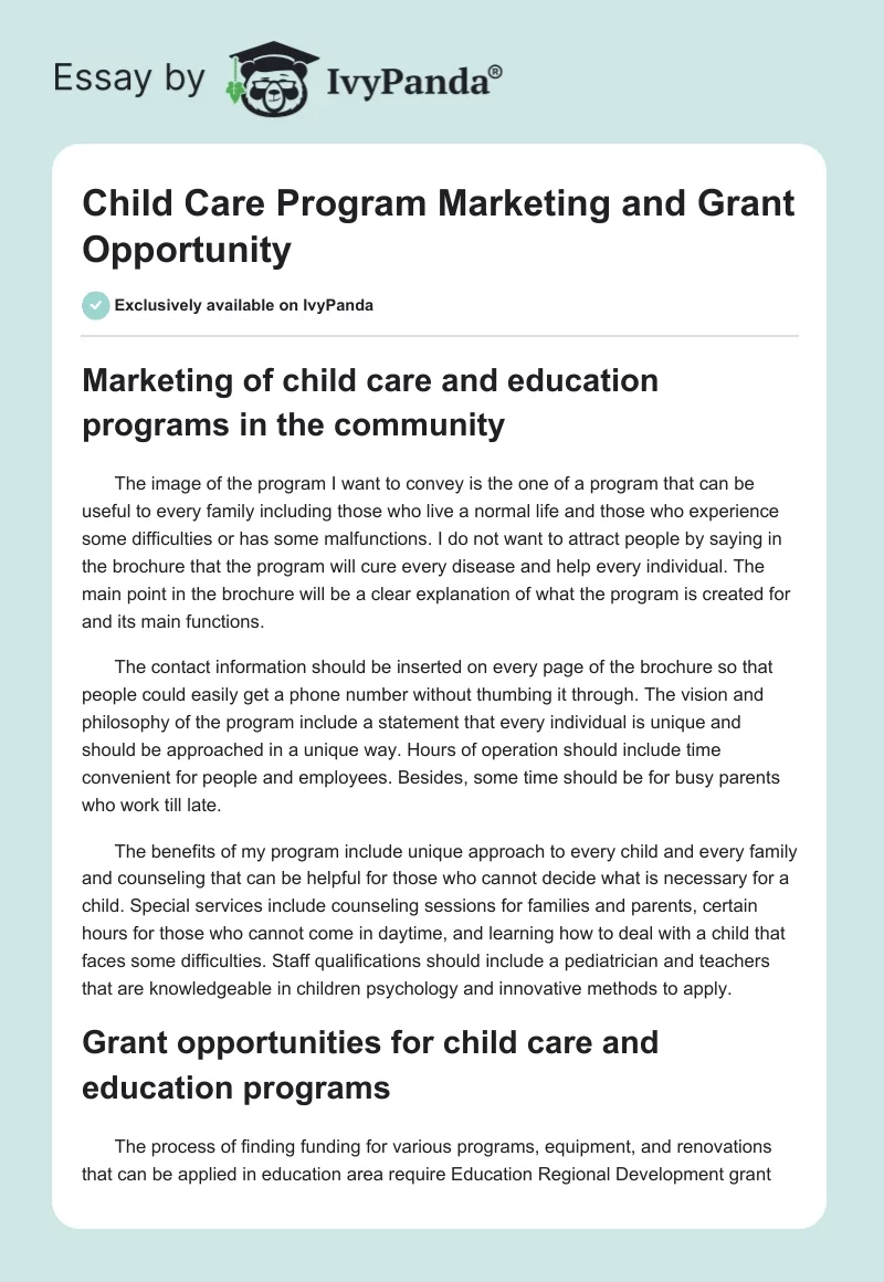 Child Care Program Marketing and Grant Opportunity. Page 1