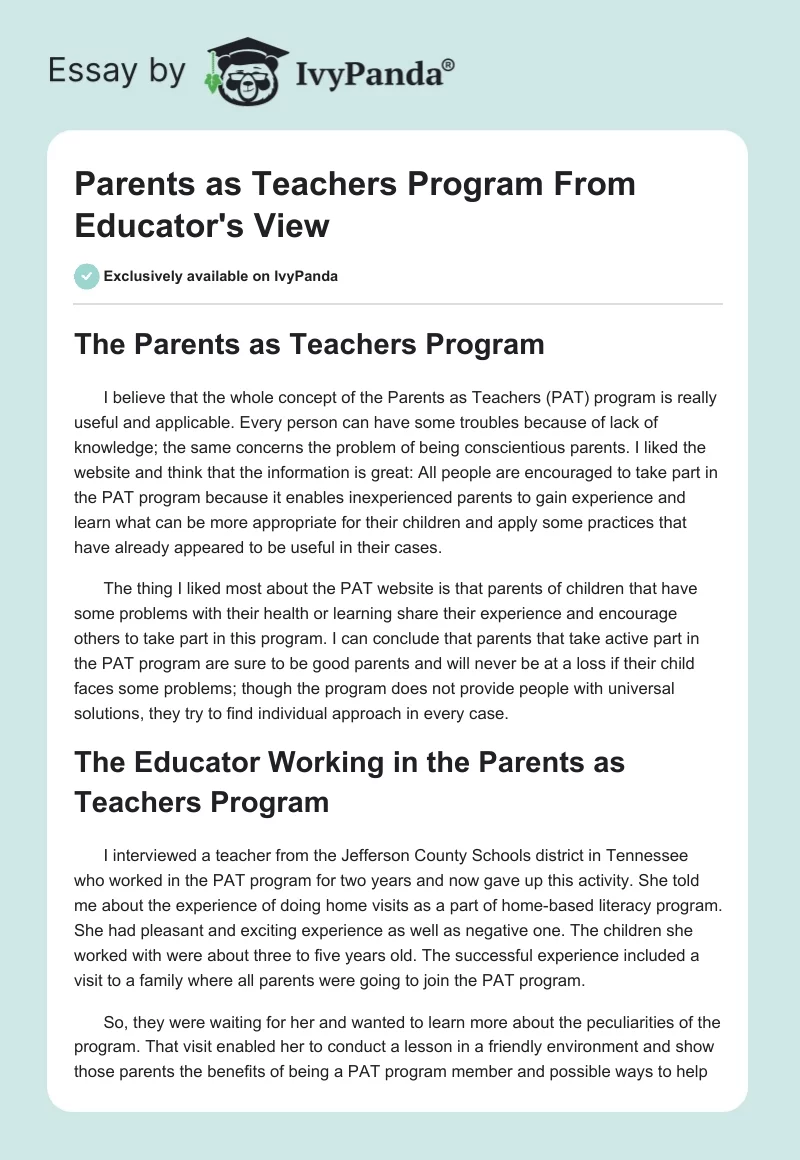 Parents as Teachers Program From Educator's View. Page 1