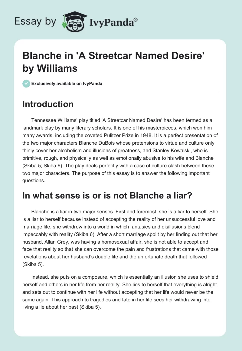 how is blanche presented in a streetcar named desire essay
