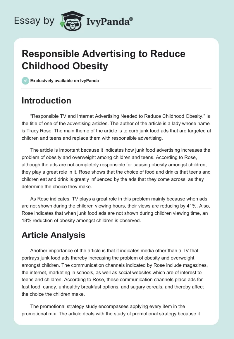 Responsible Advertising to Reduce Childhood Obesity. Page 1