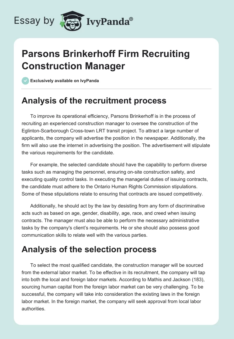 Parsons Brinkerhoff Firm Recruiting Construction Manager. Page 1