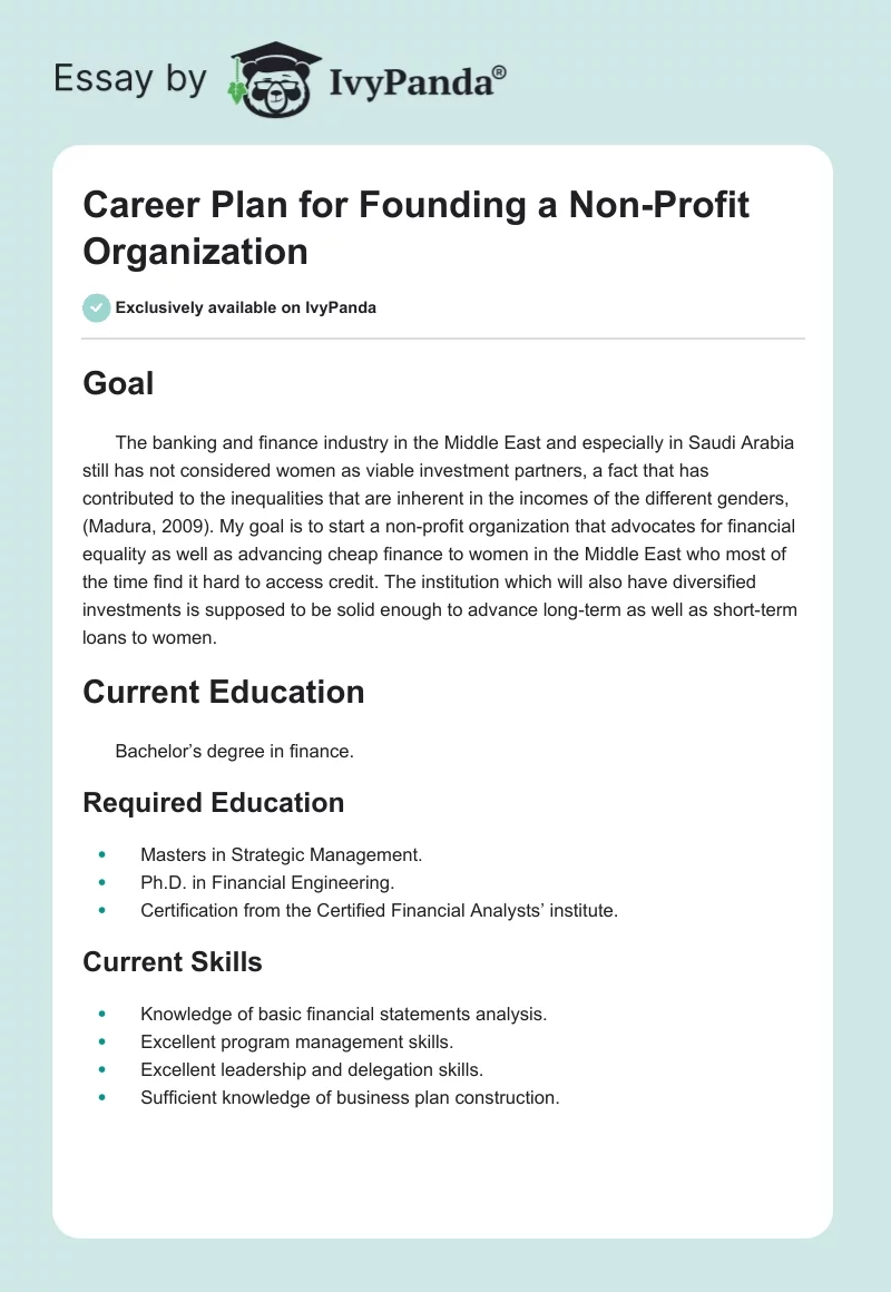 Career Plan for Founding a Non-Profit Organization. Page 1