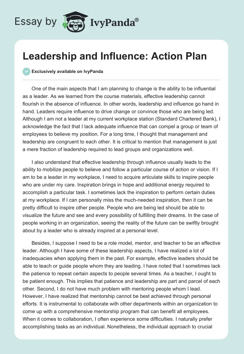 Leadership and Influence: Action Plan. Page 1