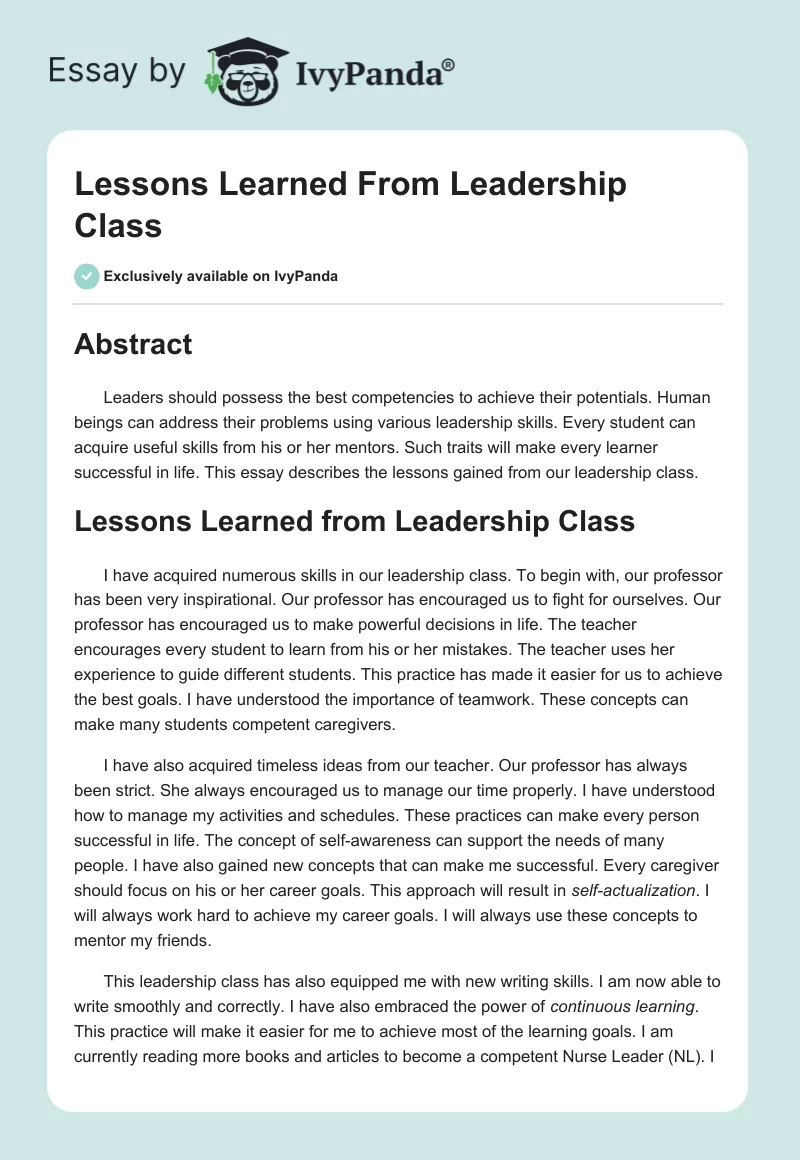 Lessons Learned From Leadership Class. Page 1
