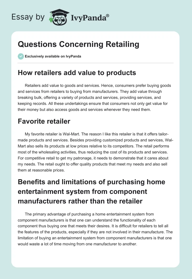 Questions Concerning Retailing. Page 1