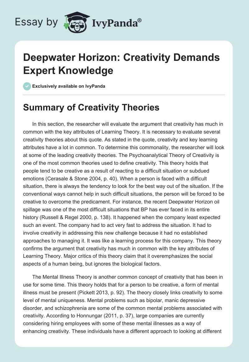 Deepwater Horizon: Creativity Demands Expert Knowledge. Page 1