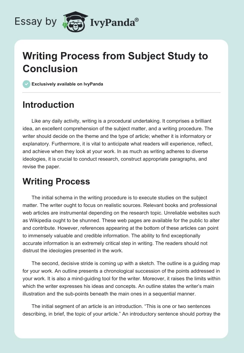 Writing Process from Subject Study to Conclusion. Page 1