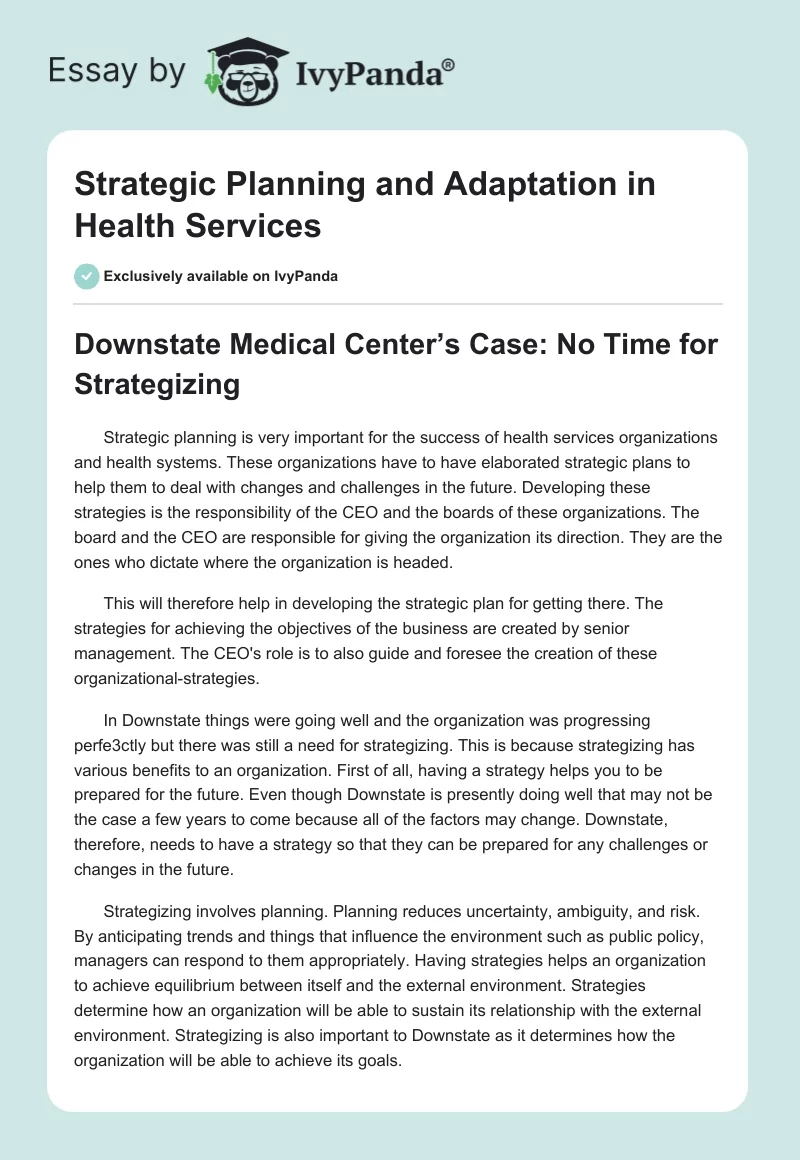 Strategic Planning and Adaptation in Health Services. Page 1