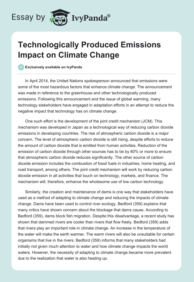 Technologically Produced Emissions Impact on Climate Change. Page 1