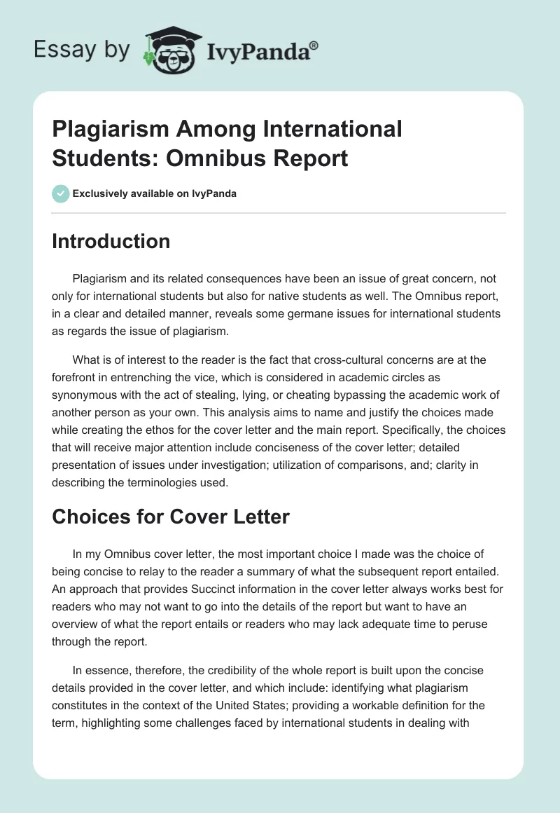 Plagiarism Among International Students: Omnibus Report. Page 1